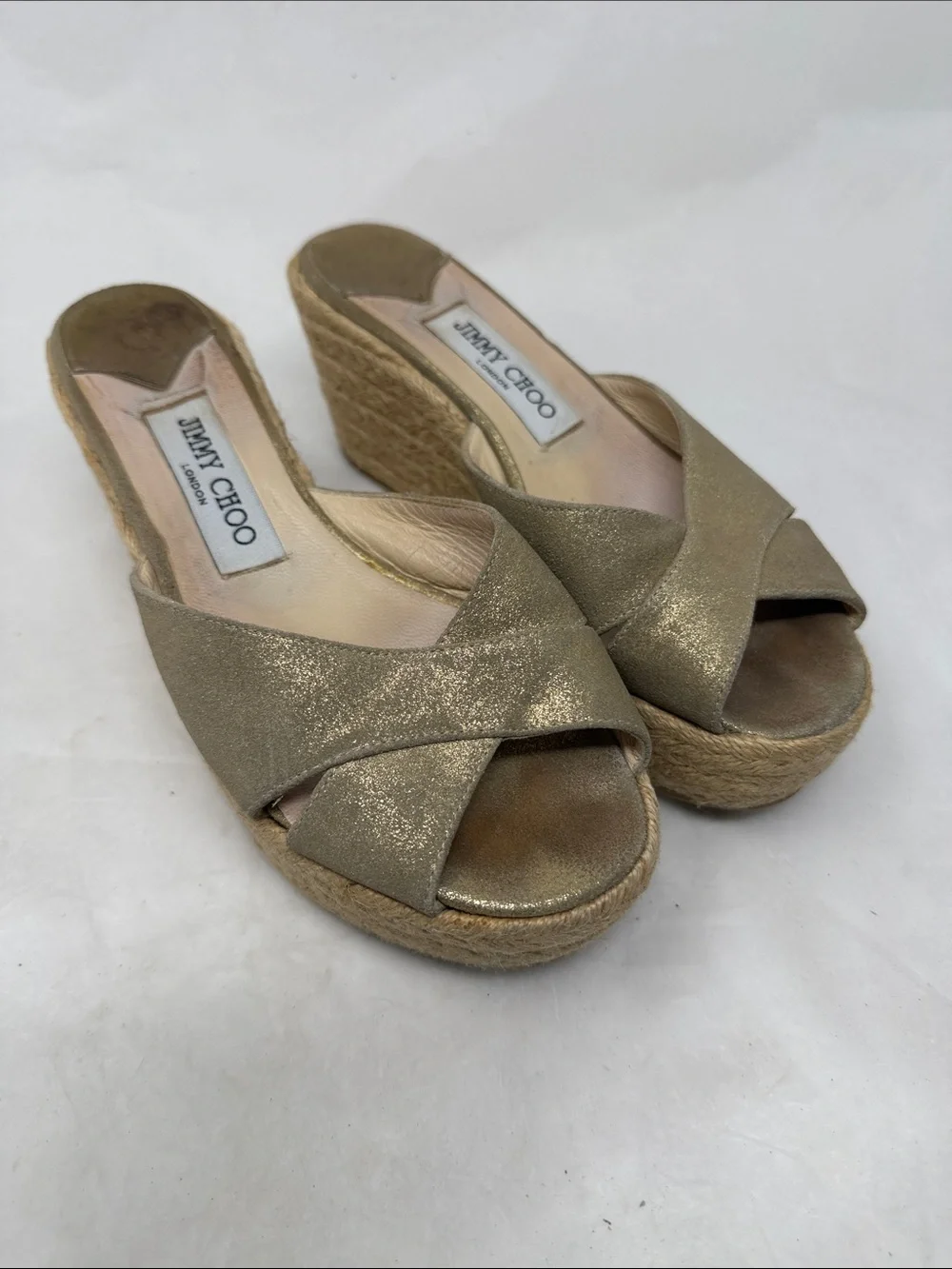 Jimmy Choo Gold Metallic Espadrille Wedge Sandals Size 38
